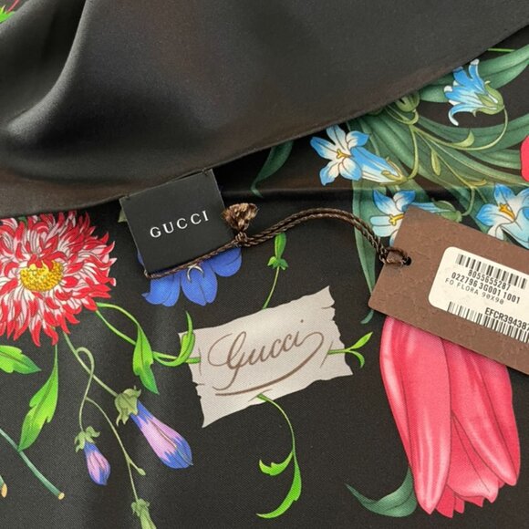 New Gucci Scarf Iconic Floral Black Silk Wrap - Picture 7 of 15